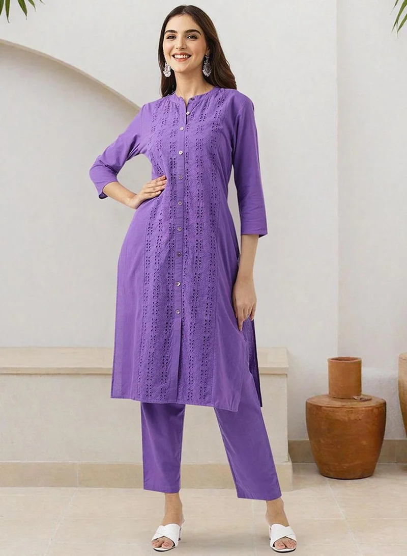 آي شين طقم كورتا نسائي بنفسجي قطن % مطرز بقصة عادية